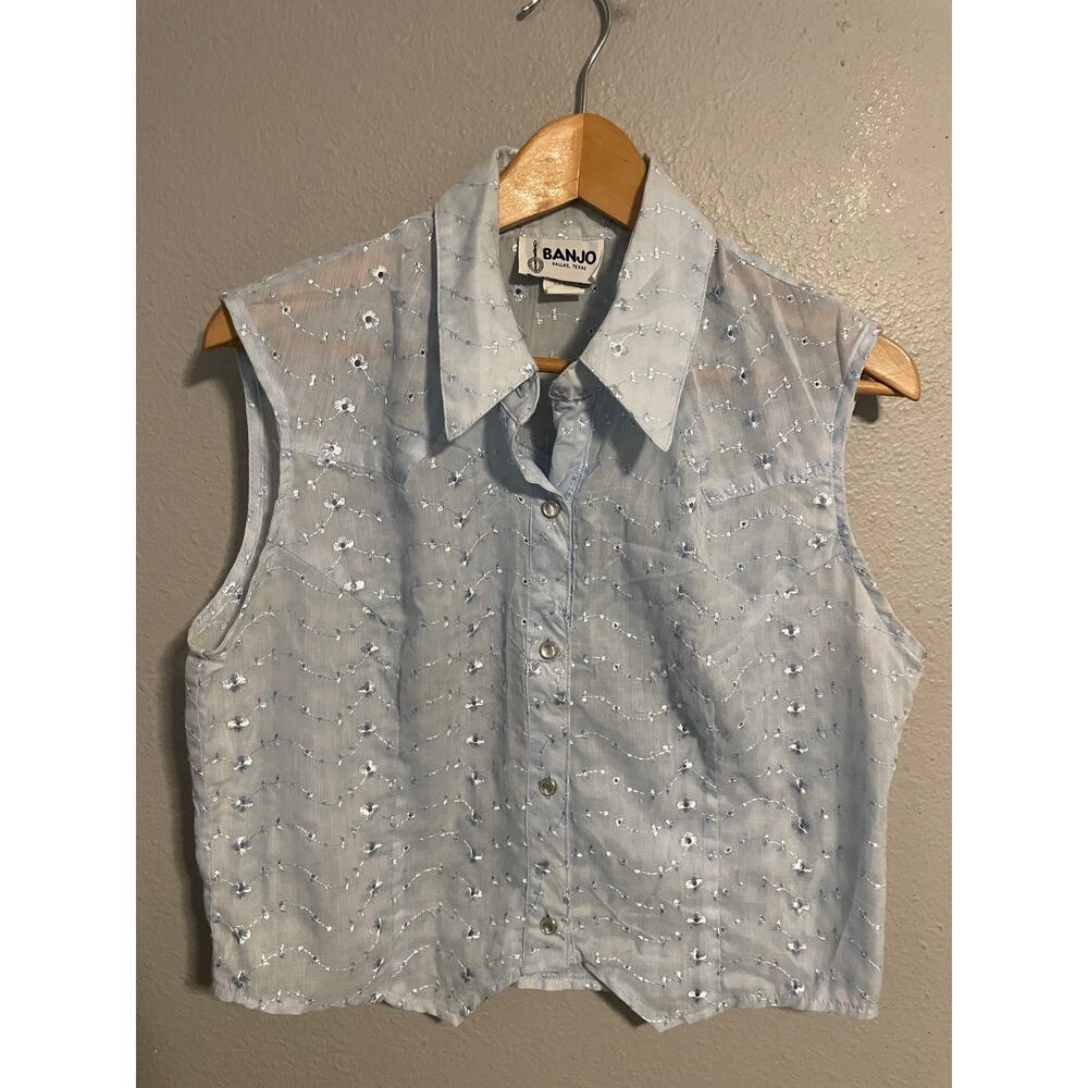 Vintage Banjo Button Up Top Womens XL Blue Embroidered Sheer Fairy Floral FLAW